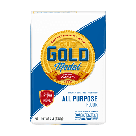 All Purpose Flour 5 pound bag. White with blue diagonal stripe