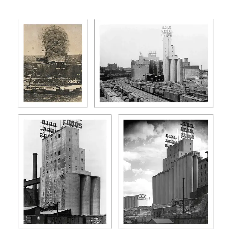 Collage of original mill destroyed by explosion and new mill built afterwards.
