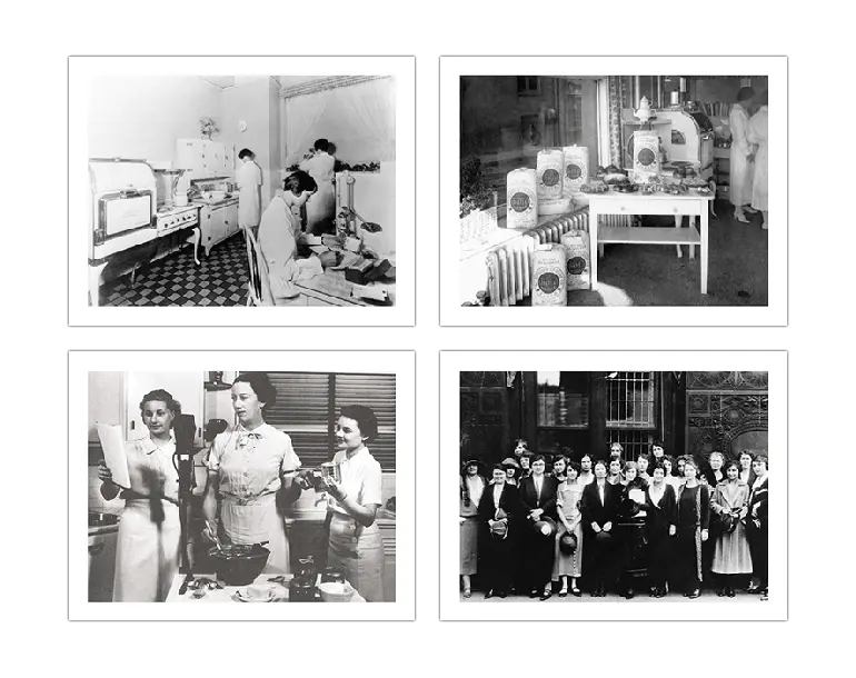 Collage of workers in 1920's test kitchens.