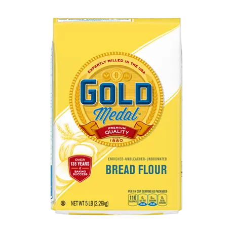 Bread Flour 5 pound bag. Yellow with white diagonal stripe