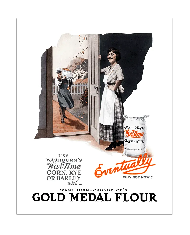 World War Two advertisement. Woman standing at open doorway for flour delivery.