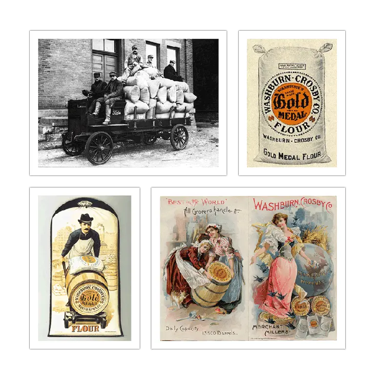 Collage of 1905 hand-sewn fabric flour bags