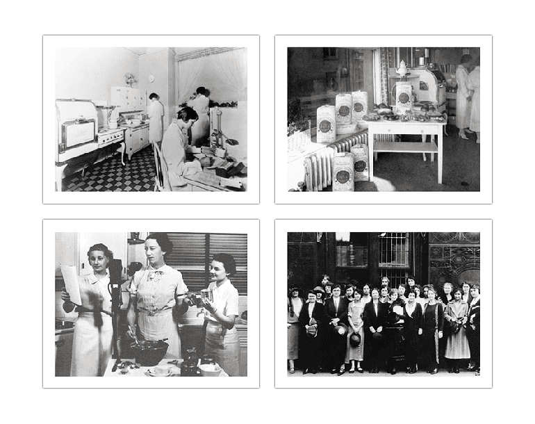 Collage of workers in 1920's test kitchens.