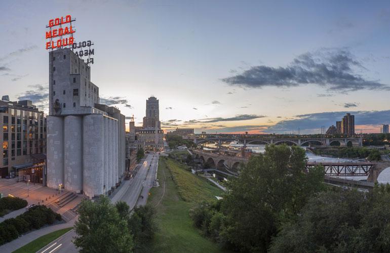 Modern day panorama of historical Gold Medal Flour mill on Mississippi River
